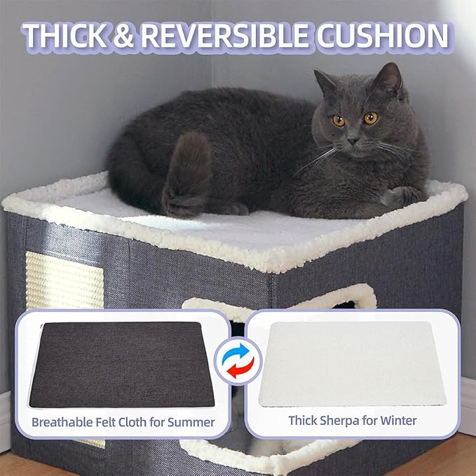 Multifunction Cat House, Indoor Bed, Nest, Foldable Cube Cave, Large Pet Play House With Fluffy Ball Hanging, Scratch Pad and Detachable Storage Box (Corner Opening, Grey)