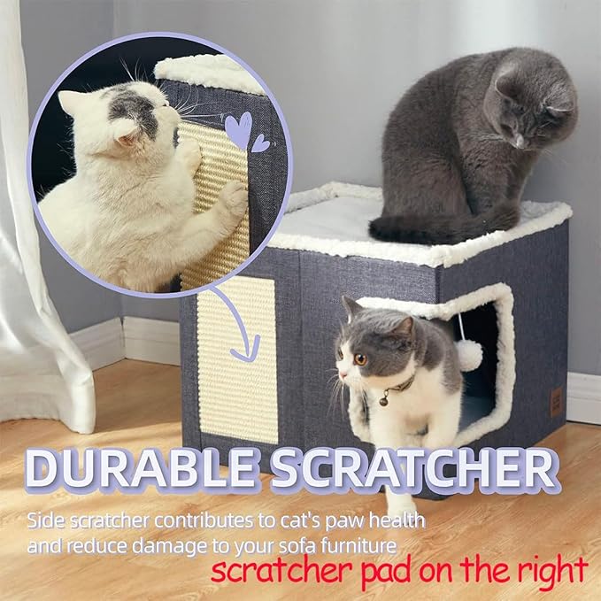 Multifunction Cat House, Indoor Bed, Nest, Foldable Cube Cave, Large Pet Play House With Fluffy Ball Hanging, Scratch Pad and Detachable Storage Box (Corner Opening, Grey)