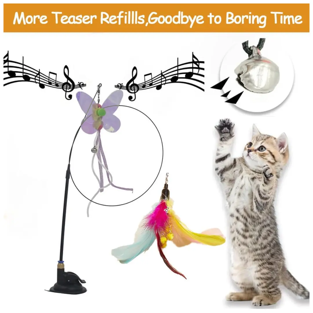 Cat Feather Toys,Cat Wand Toy with Powerful Suction Cup,Interactive Cat Toy Detachable Feather Replacements with Bell for Indoor Cats Pets971.com