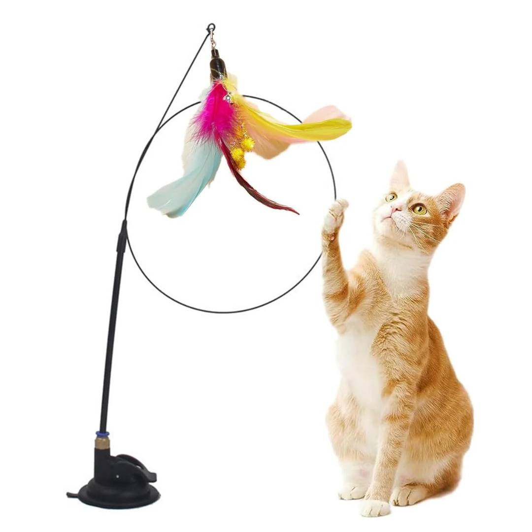 Cat Feather Toys,Cat Wand Toy with Powerful Suction Cup,Interactive Cat Toy Detachable Feather Replacements with Bell for Indoor Cats