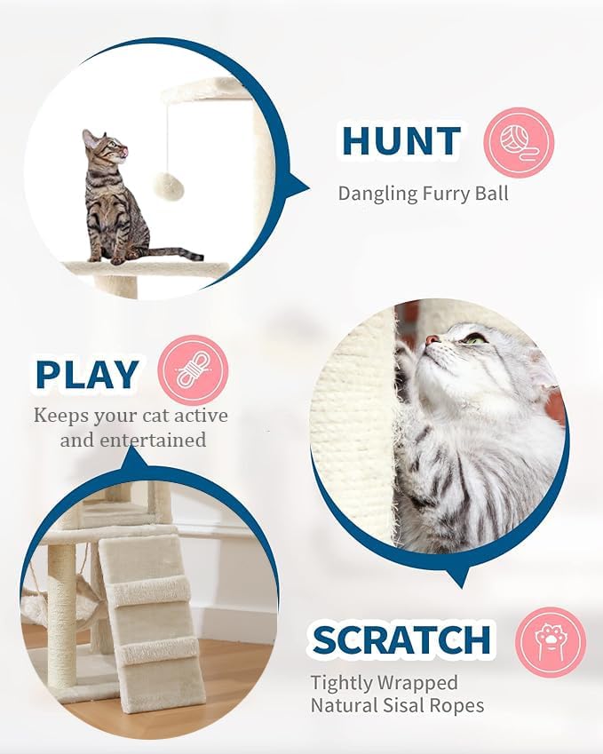 Cat Tower, Indoor Cat Tree with Sisal Covered Catch Posts and Plush Catch Balls, Suitable for Small and Medium-sized Cats(GRAY, 50 * 40 * 110 With hammock)