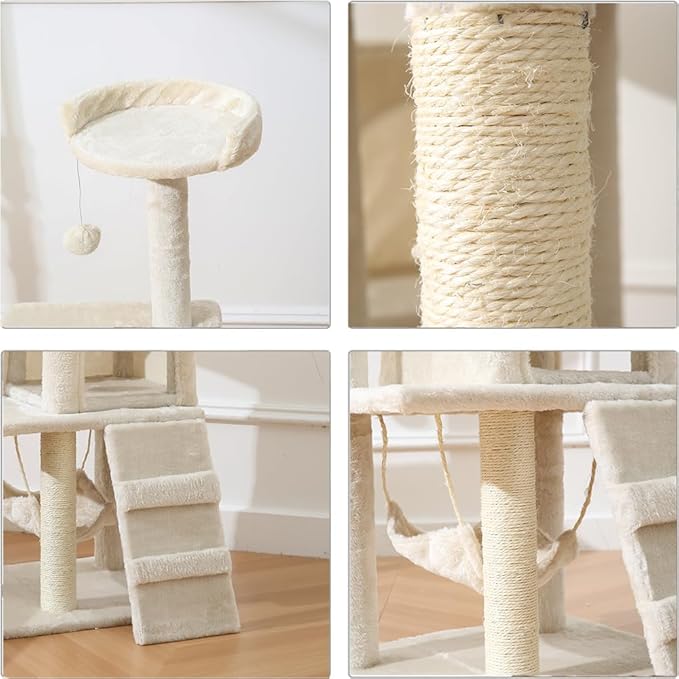 Cat Tower, Indoor Cat Tree with Sisal Covered Catch Posts and Plush Catch Balls, Suitable for Small and Medium-sized Cats(beige, 50 * 40 * 110 With hammock)