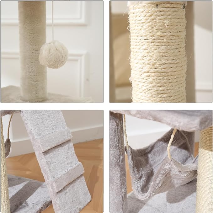 Cat Tower, Indoor Cat Tree with Sisal Covered Catch Posts and Plush Catch Balls, Suitable for Small and Medium-sized Cats(GRAY, 50 * 40 * 110 With hammock)