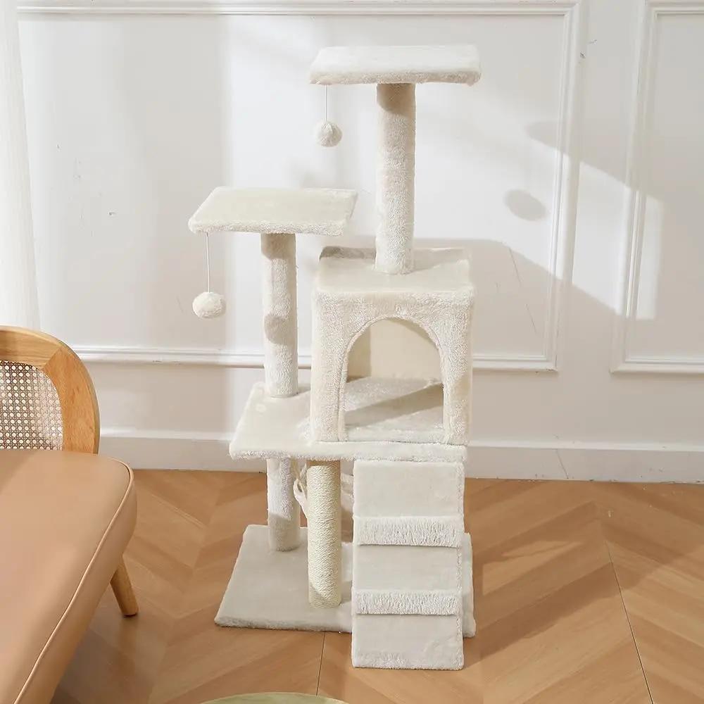 Cat Tower, Indoor Cat Tree with Sisal Covered Catch Posts and Plush Catch Balls, Suitable for Small and Medium-sized Cats(beige, 50 * 40 * 110 With hammock) Pets971.com
