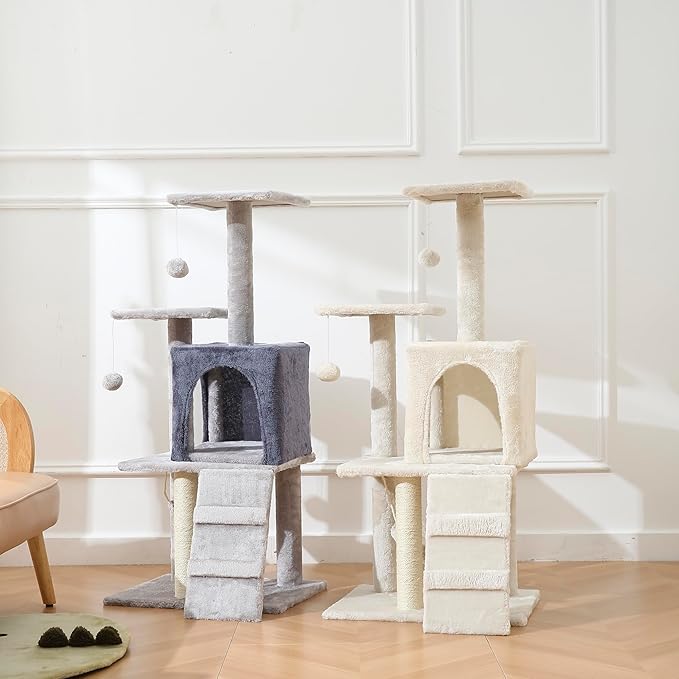 Cat Tower, Indoor Cat Tree with Sisal Covered Catch Posts and Plush Catch Balls, Suitable for Small and Medium-sized Cats(GRAY, 50 * 40 * 110 With hammock)
