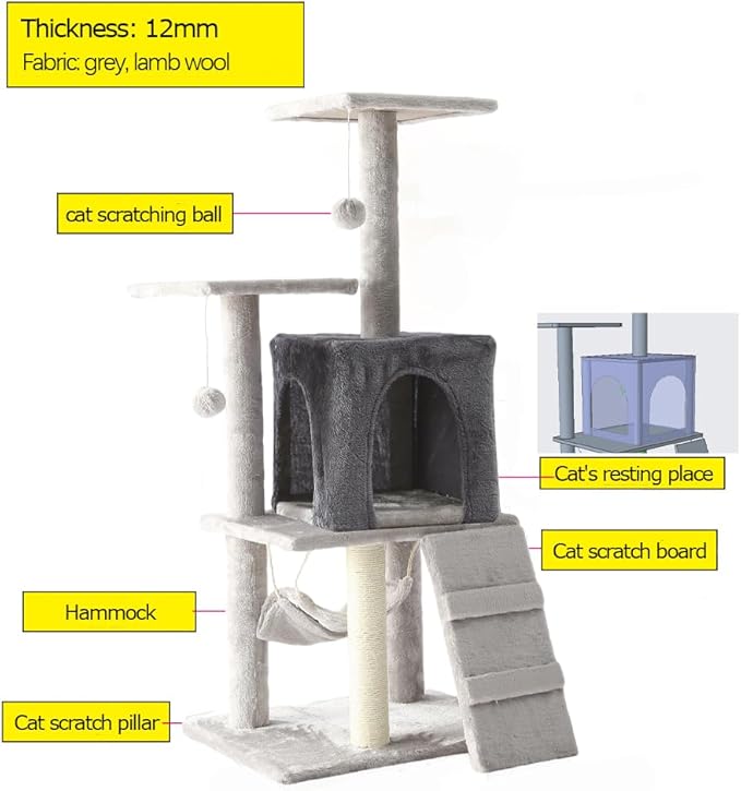 Cat Tower, Indoor Cat Tree with Sisal Covered Catch Posts and Plush Catch Balls, Suitable for Small and Medium-sized Cats(GRAY, 50 * 40 * 110 With hammock)