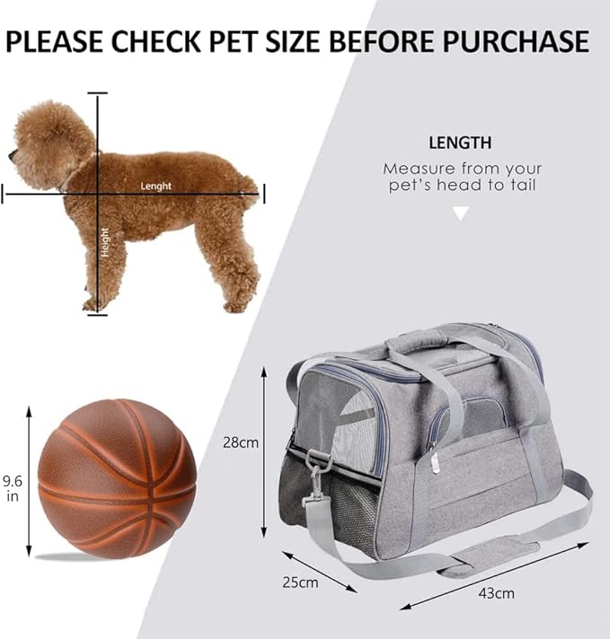Airline Approved Soft Sided Pet Carrier with Fleece Pad for Cat and Small Dogs, Portable Cozy Travel Pet Bag, Car Seat Safe Carrier (43 * 25 * 28cm, Gray(with Fluff cushion))