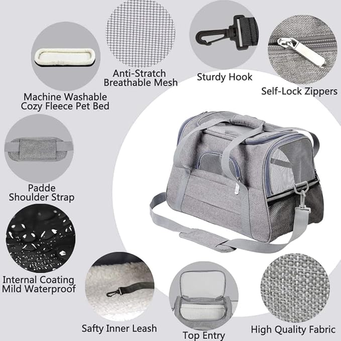 Airline Approved Soft Sided Pet Carrier with Fleece Pad for Cat and Small Dogs, Portable Cozy Travel Pet Bag, Car Seat Safe Carrier (43 * 25 * 28cm, Gray(with Fluff cushion))