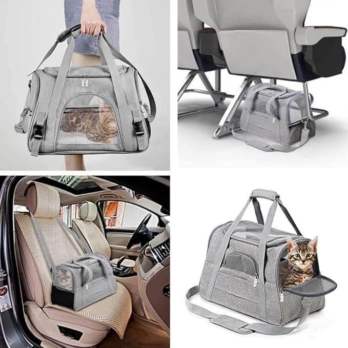 Airline Approved Soft Sided Pet Carrier with Fleece Pad for Cat and Small Dogs, Portable Cozy Travel Pet Bag, Car Seat Safe Carrier (43 * 25 * 28cm, Gray(with Fluff cushion))