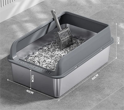 Large Cat Litter Box Stainless Steel with Scoop and Anti-Splash Cover 60x40x25cm