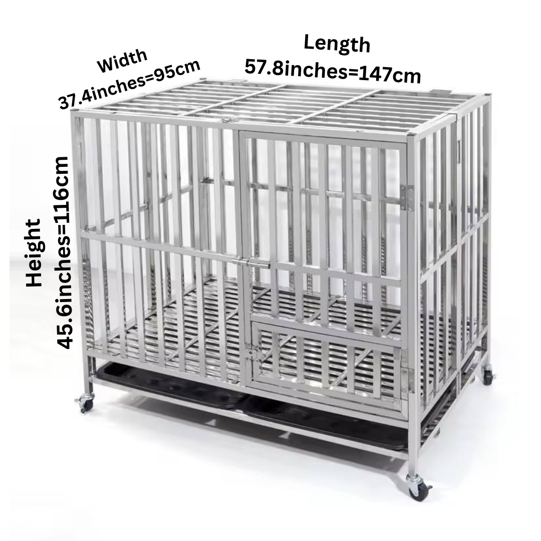 57.8" Big Dog Stainless Steel Dog Cage, Size 147x95x116cm for Large Dogs, Big Dogs Cage