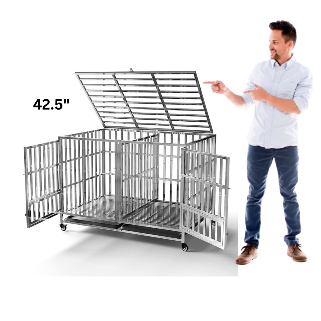 42.5 Inches Dog Cage Stainless Steel with Divider, Cage Size 108x70x90cm