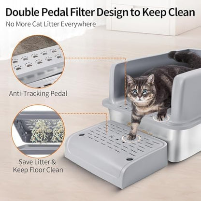 Stainless Steel Cat Litter Box 35L Large Capacity with Litter Scoop, Odor Control & Rust-Proof, Non-Stick Bottom & Easy to Clean