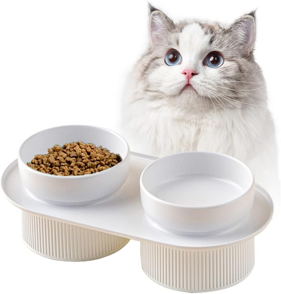 Ceramic Cat Bowl, Tall To Protect The Cervical Spine Anti-Spill Pet Bowls, Detachable Ceramic Water Bowl Food Bowl