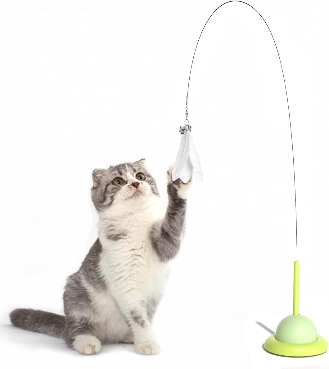 Cat Feather Toys,Cat Wand Toy with Powerful Suction Cup,Interactive Cat Toy Detachable Feather Replacements with Bell for Indoor Cats