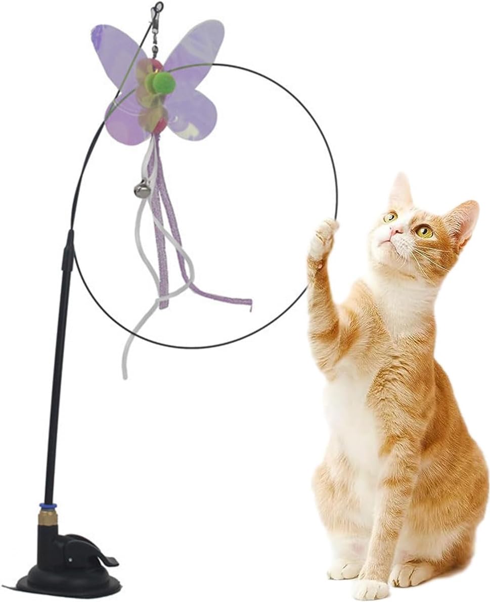 Cat Feather Toys,Cat Wand Toy with Powerful Suction Cup,Interactive Cat Toy Detachable Feather Replacements with Bell for Indoor Cats