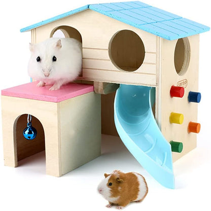 Hamster Hideout with Funny Climbing Ladder,Pet Small Animal House,Deluxe Two Layers Wooden Hut Play Toys,Hamster Accessories for Cage,Hamster Hut