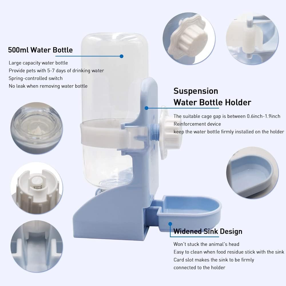 زجاجة مياه للأرانب، 500 مل ماء معلق للأرانب، موزع وعاء ماء غير قابل للتسرب، مناسب للأرانب والشنشيلة وخنازير غينيا والقنافذ والقوارض (أزرق (500 مل) 