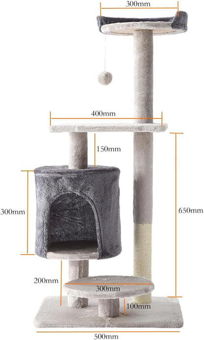 Cat Tree, Cat Tower With Sisal Covered Catch Posts and Plush Catch Balls, Suitable for Small and Medium-sized Cats(grey, 50 * 40 * 110（No hammock）)