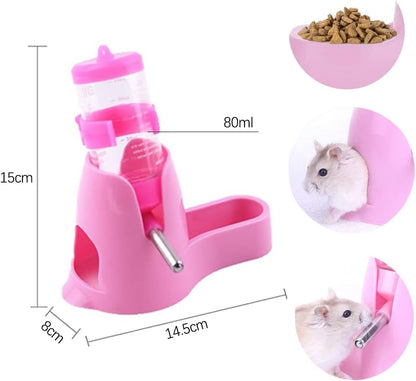 زجاجة مياه معلقة 3 في 1 للهامستر، زجاجة شرب أوتوماتيكية للحيوانات الأليفة الصغيرة مع حاوية طعام، كرة معلقة لمنع تسرب المياه، للهامستر والفئران وخنازير غينيا والأرانب 