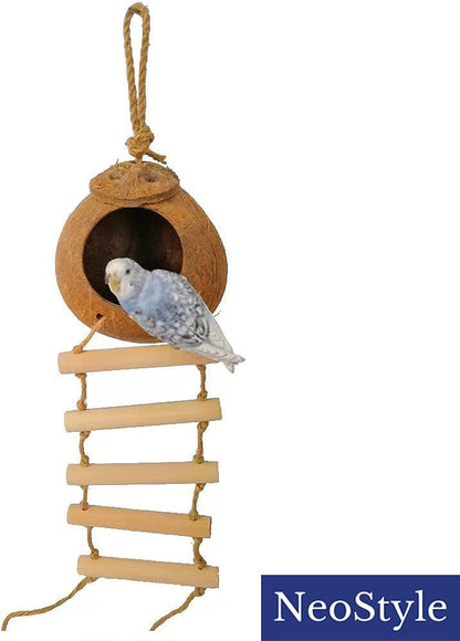 Coconut Bird Nest Hut with Ladder,parakeet nesting,bird house,bird ladder,bird cage accessories,for Parrots Parakeet Conures Cockatiel and other small animals