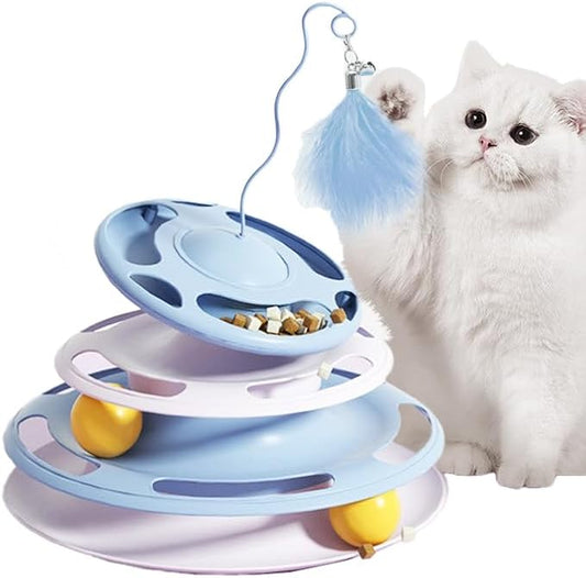 Cat Toy Roller 4-Level Turntable,Interactive Motion Cat Toy,Circle Track with Moving Balls,Cat Toys Tower for Indoor Cats,Suitable for Multiple Cats (blue+purple)