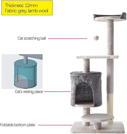 Cat Tree, Cat Tower With Sisal Covered Catch Posts and Plush Catch Balls, Suitable for Small and Medium-sized Cats(grey, 50 * 40 * 110（No hammock）)