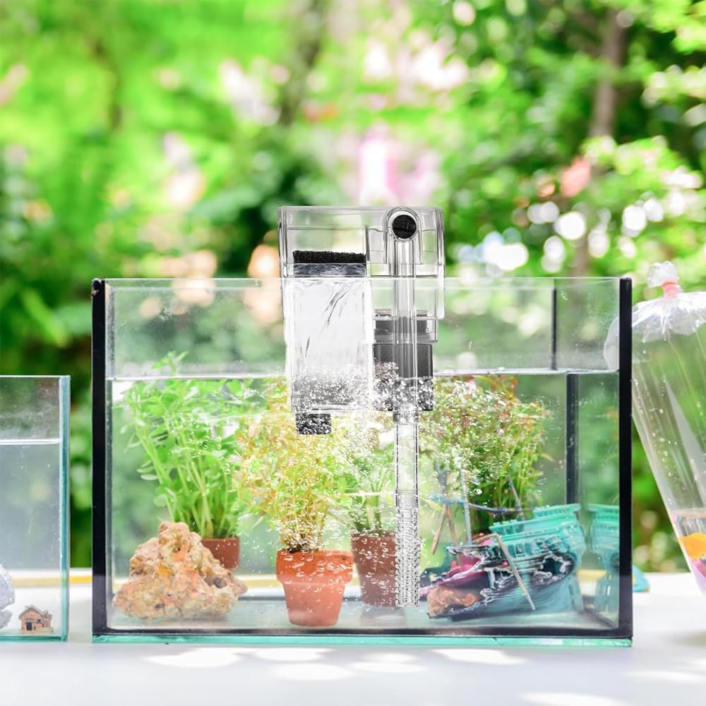 فلتر حوض سمك صغير، فلتر حوض سمك خارجي معلق، ترشيح صامت من القطن الحيوي وتدفق مياه قابل للتعديل لأحواض السمك الصغيرة وخزانات الأسماك 