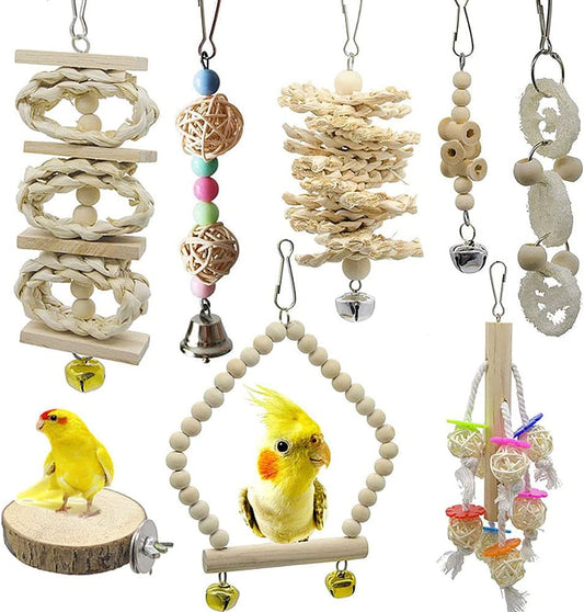 (8 Packs) of Bird Parrot Swing Chewing Toys,Natural Wood bird cage accessories,Suitable for Small Parakeets, Cockatiels, Conures, Finches,Budgie,Macaws, Parrots, Love Birds