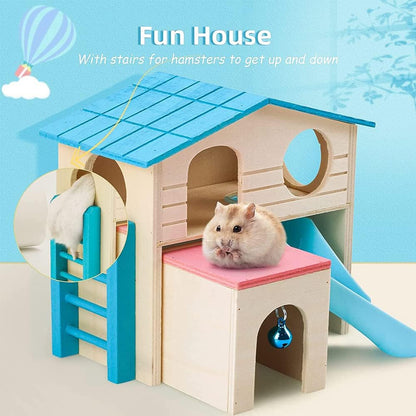 Hamster Hideout with Funny Climbing Ladder,Pet Small Animal House,Deluxe Two Layers Wooden Hut Play Toys,Hamster Accessories for Cage,Hamster Hut