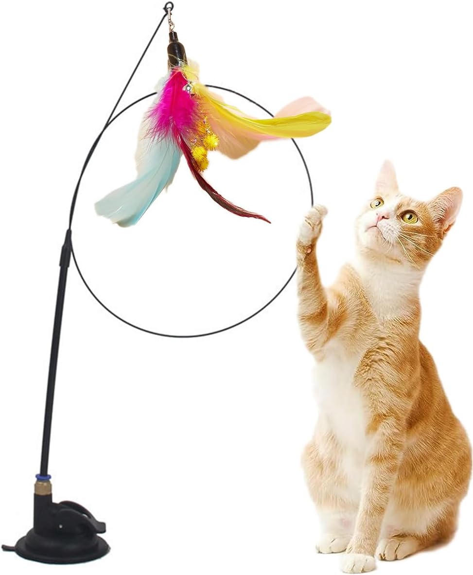 Cat Feather Toys,Cat Wand Toy with Powerful Suction Cup,Interactive Cat Toy Detachable Feather Replacements with Bell for Indoor Cats