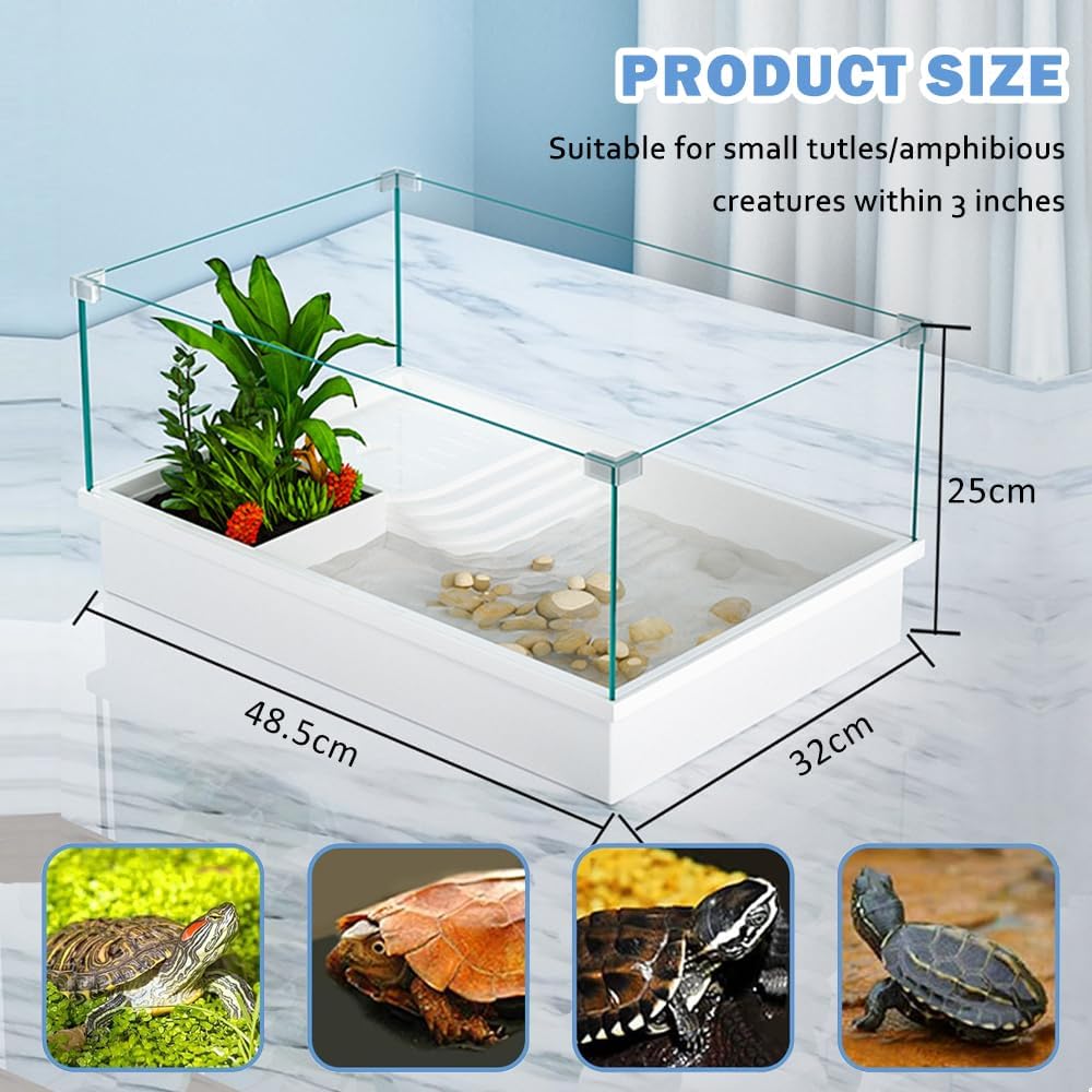Turtle Tank, Full View Visual Removable Tortoise Aquarium Habitat with Platform, Bottom Drain for Easy Water Change and Cleaning (Only tank 48.5 * 32 * 25cm)