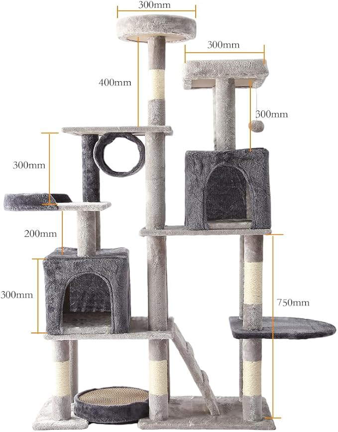 LARGE Cat Tower, Indoor Cat Tree with Sisal Covered Catch Posts and Plush Catch Balls, Suitable for Small and Medium-sized Cats(grey, 90 * 40 * 165)