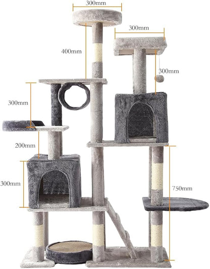 LARGE Cat Tower, Indoor Cat Tree with Sisal Covered Catch Posts and Plush Catch Balls, Suitable for Small and Medium-sized Cats(grey, 90 * 40 * 165)