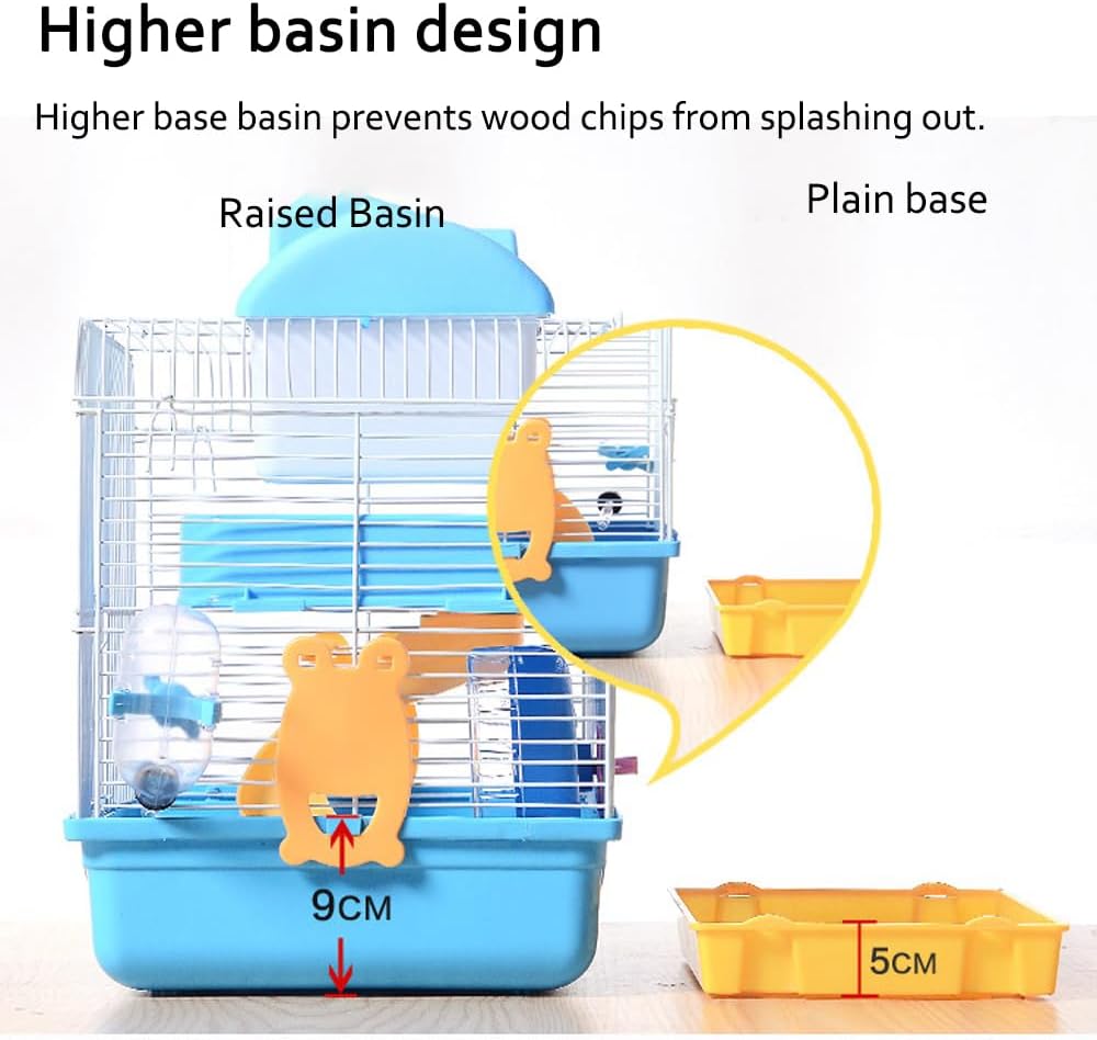 قفص هامستر صغير، قفص سفر صغير محمول من طبقتين مع مقبض حمل وعجلة تمرين وزجاجة مياه وطبق طعام لموائل الحيوانات الصغيرة، 27 * 21 * 30 سم (أزرق) 