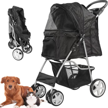 Foldable Pet Dog Stroller, 4 Wheel Cat Dog Stroller for Jogging Travel with Sun Shade, Cup Holder, Mesh Window, 360° Rotated Wheels, Storage Basket, Foot Brake,Easy to Walk Travel Carrier