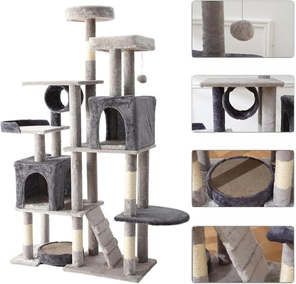 LARGE Cat Tower, Indoor Cat Tree with Sisal Covered Catch Posts and Plush Catch Balls, Suitable for Small and Medium-sized Cats(grey, 90 * 40 * 165)