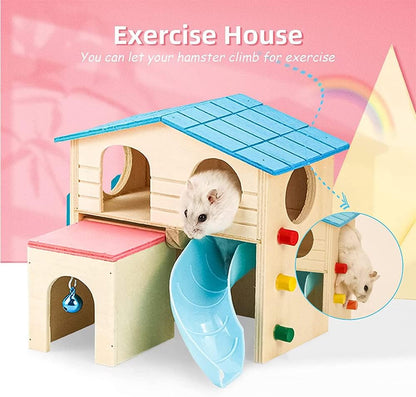 Hamster Hideout with Funny Climbing Ladder,Pet Small Animal House,Deluxe Two Layers Wooden Hut Play Toys,Hamster Accessories for Cage,Hamster Hut