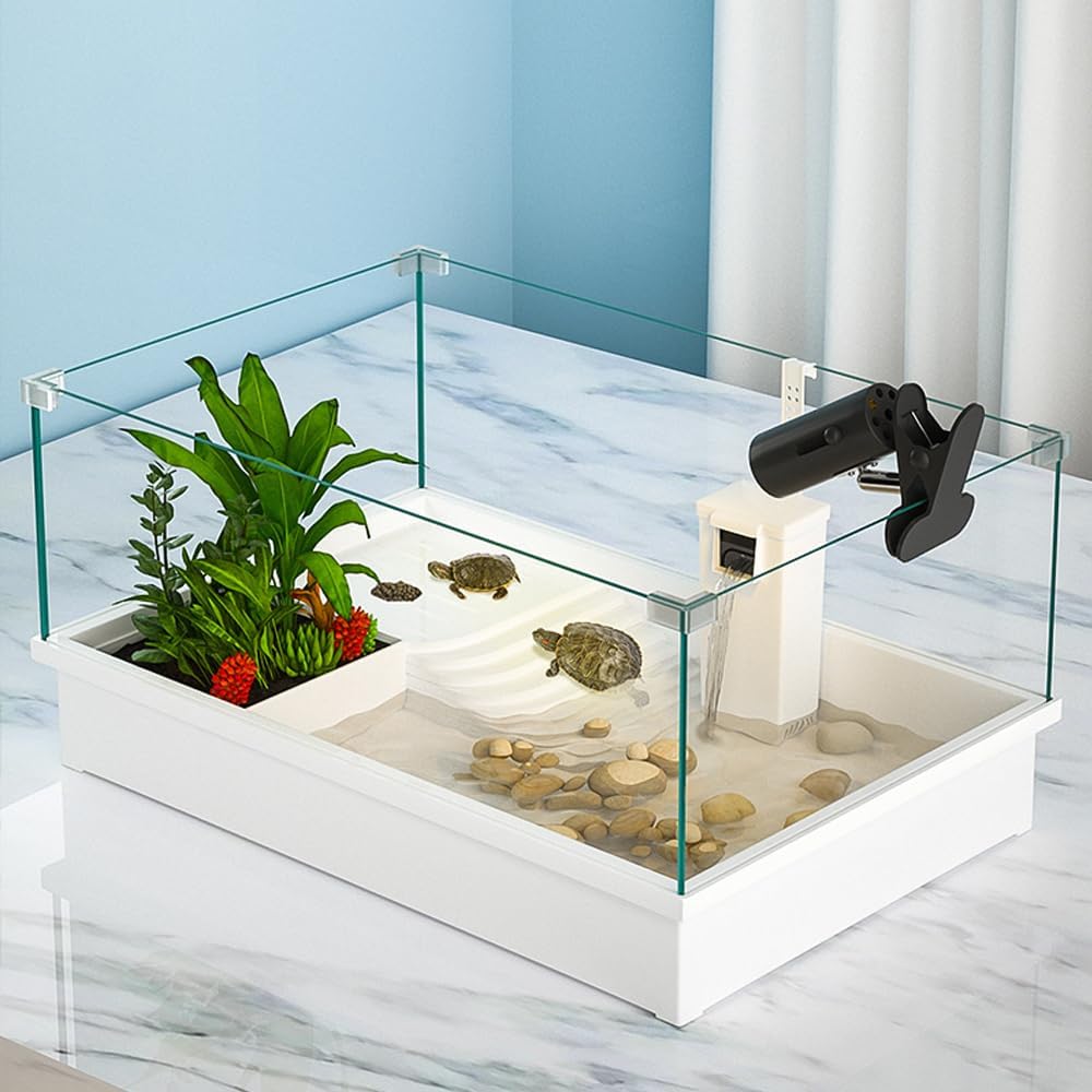 Turtle Tank, Full View Visual Removable Tortoise Aquarium Habitat with Platform, Bottom Drain for Easy Water Change and Cleaning (Only tank 48.5 * 32 * 25cm)