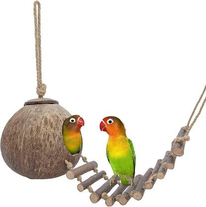 Coconut Bird Nest Hut with Ladder,parakeet nesting,bird house,bird ladder,bird cage accessories,for Parrots Parakeet Conures Cockatiel and other small animals