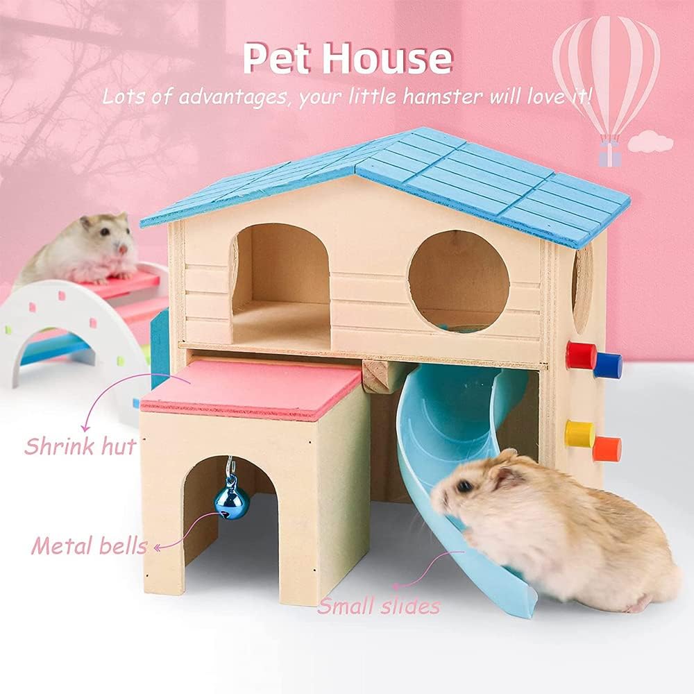 Hamster Hideout with Funny Climbing Ladder,Pet Small Animal House,Deluxe Two Layers Wooden Hut Play Toys,Hamster Accessories for Cage,Hamster Hut