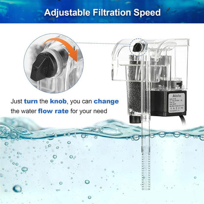 فلتر حوض سمك صغير، فلتر حوض سمك خارجي معلق، ترشيح صامت من القطن الحيوي وتدفق مياه قابل للتعديل لأحواض السمك الصغيرة وخزانات الأسماك 