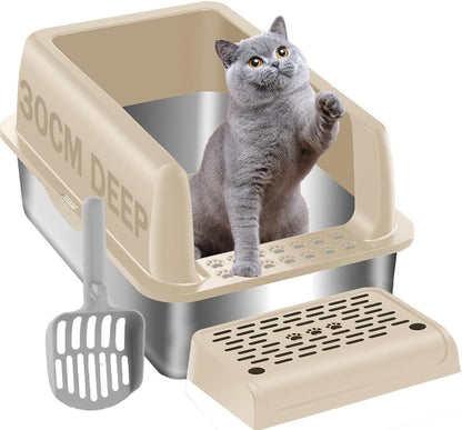 Stainless Steel Cat Litter Box 35L Large Capacity with Litter Scoop, Odor Control & Rust-Proof, Non-Stick Bottom & Easy to Clean