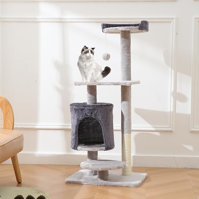 Cat Tree, Cat Tower With Sisal Covered Catch Posts and Plush Catch Balls, Suitable for Small and Medium-sized Cats(grey, 50 * 40 * 110（No hammock）)