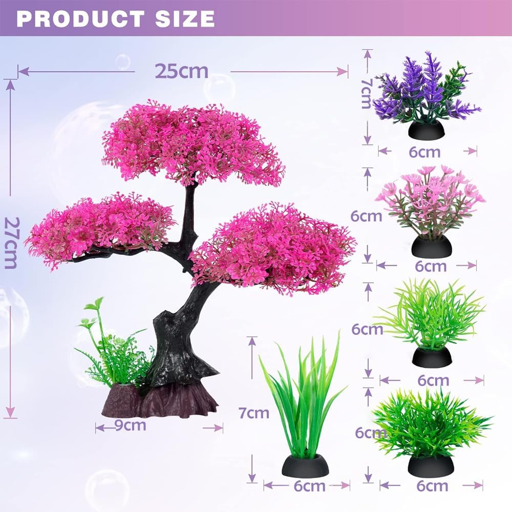 نباتات بلاستيكية اصطناعية لتزيين أحواض السمك، شجرة زهر الكرز الوردية مع العشب، مجموعة أشجار ديكور لأحواض السمك، إكسسوارات ديكور لأحواض الأسماك