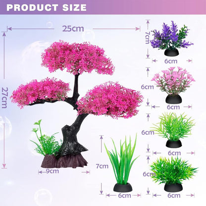 نباتات بلاستيكية اصطناعية لتزيين أحواض السمك، شجرة زهر الكرز الوردية مع العشب، مجموعة أشجار ديكور لأحواض السمك، إكسسوارات ديكور لأحواض الأسماك