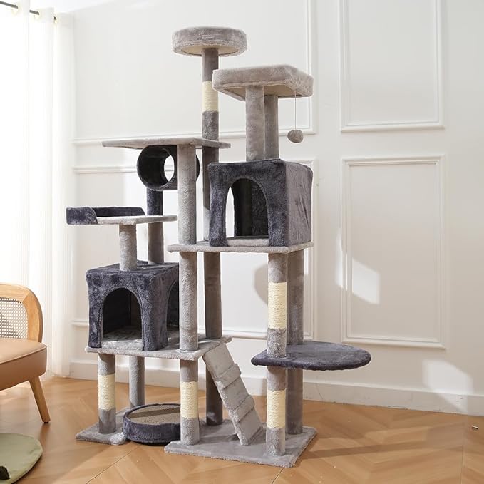 LARGE Cat Tower, Indoor Cat Tree with Sisal Covered Catch Posts and Plush Catch Balls, Suitable for Small and Medium-sized Cats(grey, 90 * 40 * 165)
