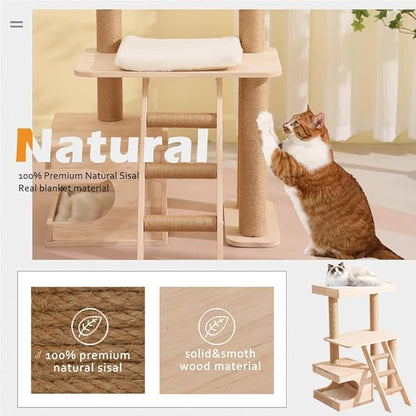 Cat Tree Wooden for Indoor Cats,Tall Cat Furniture with Natural Sisal Rope Scratching Post, Modern Wooden Cat Tower with Cave, Mat,Stable Pet Playhouse Furniture (3 layers)