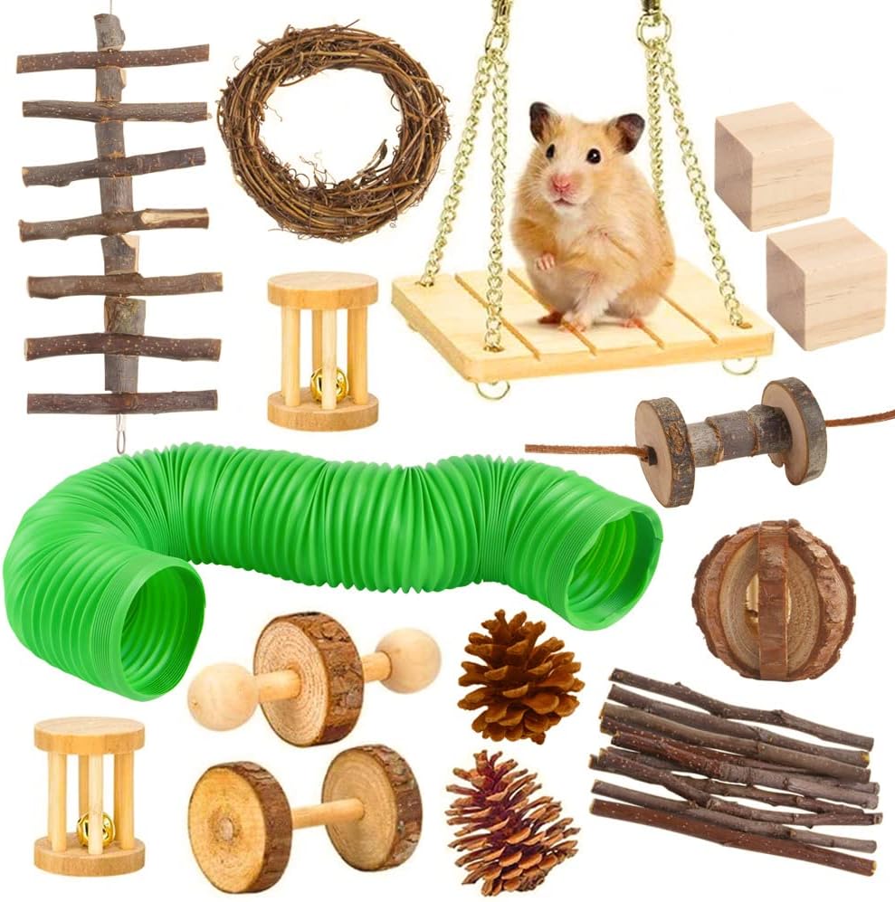 Hamster Chew Toys Set,Hamster Fun Tunnel,Small Animal Combo Apple Wood Activity Toys,Hamster Accessories,Toys for Guinea Pigs,Rabbits,Chinchilla,Ferrets,Rats