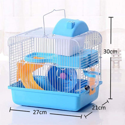 قفص هامستر صغير، قفص سفر صغير محمول من طبقتين مع مقبض حمل وعجلة تمرين وزجاجة مياه وطبق طعام لموائل الحيوانات الصغيرة، 27 * 21 * 30 سم (أزرق) 